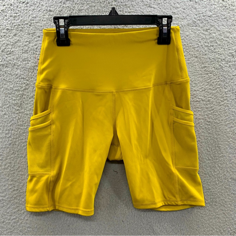 Leg End Active Women’s Bright Yellow Side Pockets Athletic Biker Shorts Size S